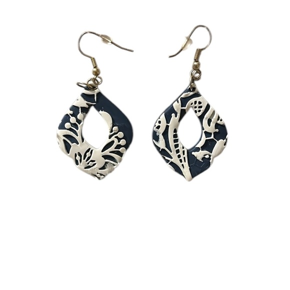 Handmade Navy and White Clay Earrings - Picture 1 of 2